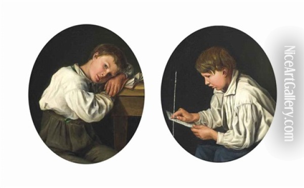 A Diligent Pupil; A Daydreamer (pair) Oil Painting - Ferdinand Waldmueller