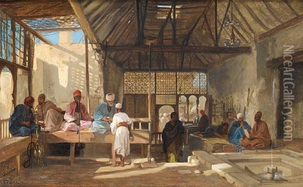 Interior Of A Coffee Shop, Cairo Oil Painting - Frederick Goodall
