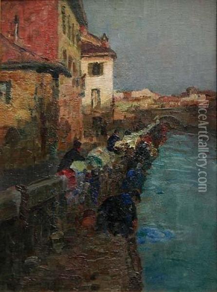 Lavandaie Al Naviglio Oil Painting - Erma Zago