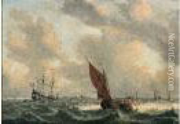 Barque Et Navire Hollandais Dans Une Mer Agitee Oil Painting - Simon De Vlieger