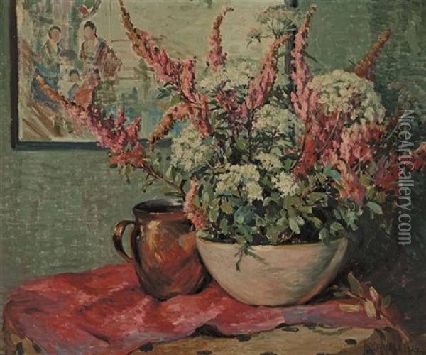 Flowers And Copper Pot On A Tabletop Oil Painting - Matilda (Van Wyck) Browne