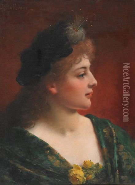 Red-haired Beauty With Feather Hat Oil Painting - Jules Frederic Ballavoine