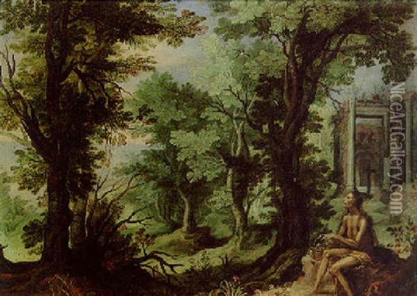 Saint Mary Of Egypt In A Wooded Landscape, Classical Ruins Beyond Oil Painting - Roelandt Savery