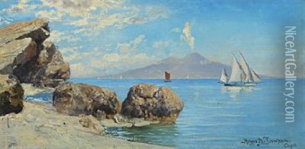 Coastal Scenery From Capri With The Smoking Vesuvius In The Background Oil Painting - Holger Hvitfeldt Jerichau