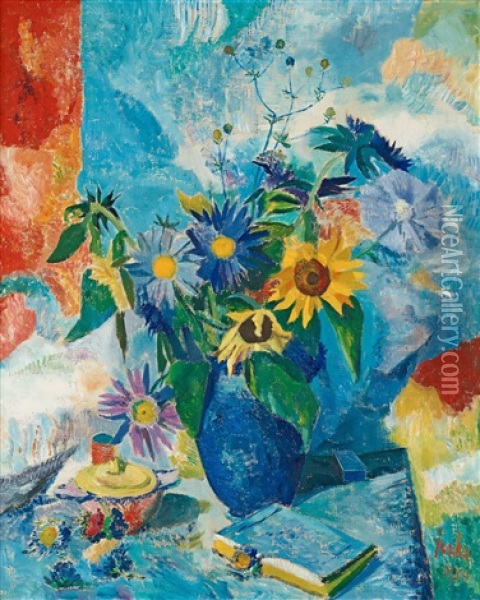Still Life With Flowers In Blue Vase Oil Painting - Erik Jerken