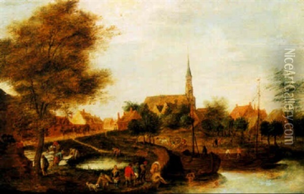 Peasants Bathing By A Village Oil Painting - Thomas Van Apshoven