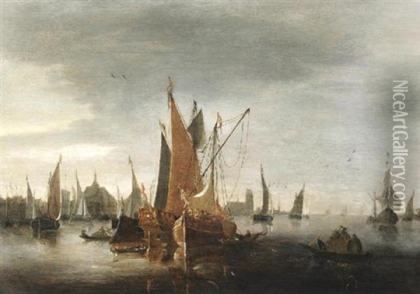 Zahlreiche Segelschiffe Auf Dem Wasser Vor Einer Hollandischen Hafenstadt (rotterdam?) Oil Painting - Jan Van De Cappelle