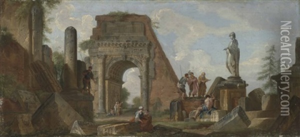 An Architectural Capriccio With The Arch Of Titus And Figures Conversing By The Statue Oil Painting - Giovanni Paolo Panini