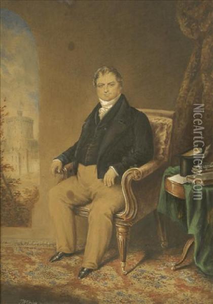 Interior With Full Length Portrait Of Phillip Nowell, Seated With A View Of The Round Tower, Windsor Castle Beyond Oil Painting - James Warren Childe