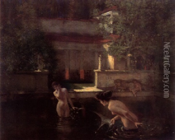 Badende Im Park Einer Romischen Villa Oil Painting - Albert von Keller