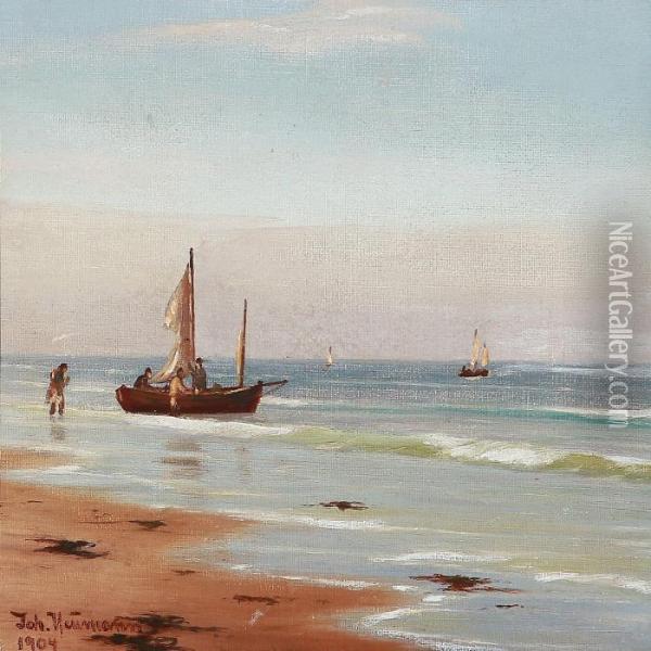 Beach Scene With Fishermen On Their Way Out To Sea Oil Painting - Johann Jens Neumann