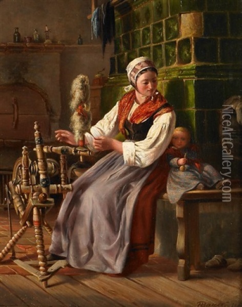 Mutter Mit Kind Am Spinnrad Vor Dem Kachelofen Oil Painting - Hermann Bayer
