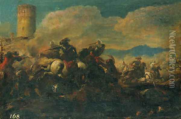 A Cavalry battle near a tower Oil Painting - Francesco Monti