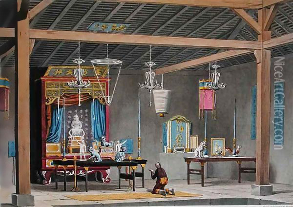 View of the Interior of the Chinese Temple at Coupang, Timor, from 'Voyage Autour du Monde sur les Corvettes de L'Uranie 1817-20' Oil Painting - Jacques Etienne Victor Arago