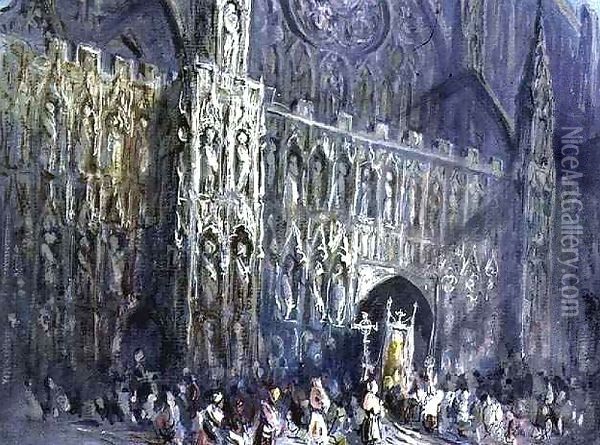 The West Front of Exeter Cathedral, with a Religious Procession in the Foreground Oil Painting - Francis Abel William Taylor Armstrong