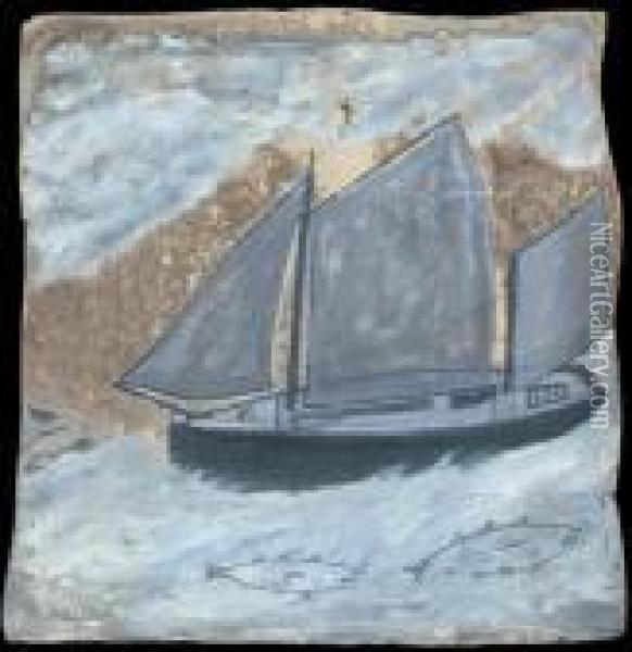 Boat In Sail With Two Large Fish Oil Painting - Alfred Wallis
