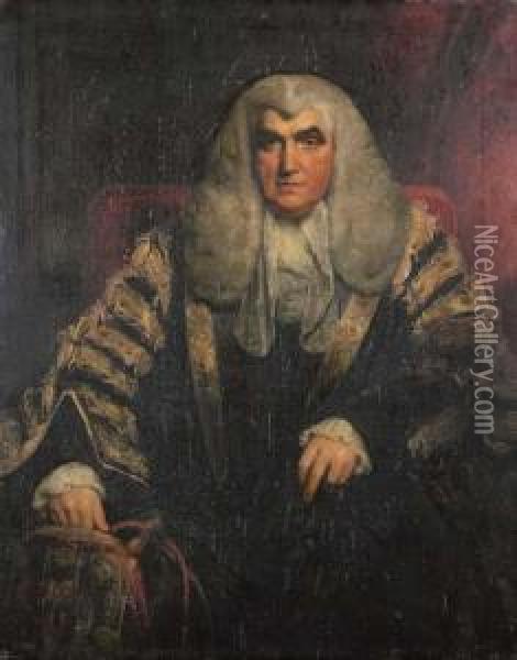 Portrait Of John Scott, 1st Earl
 Of Eldon (1751-1838), Seated, Three-quarter-length, In Robes, His Right
 Hand Holding The Chancellor's Bourse Oil Painting - William Owen