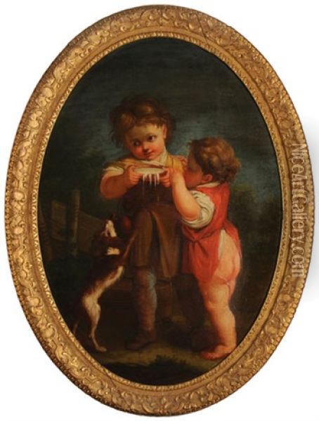 Kinder Mit Milchschale Und Hund Oil Painting - Jean-Baptiste Leprince