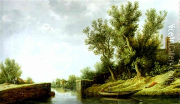 Fluslandschaft Mit Booten, Wanderern Und Reitern Oil Painting - Pieter de Neyn