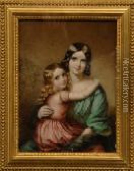 Portrait Of A Mother And Child, Wearing Green And Pink Silk Dresses Oil Painting - Margaret Gillies