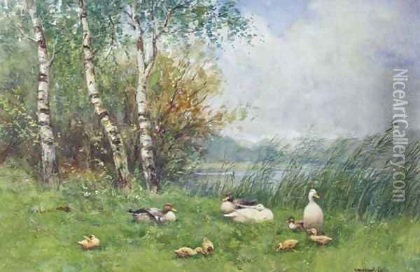 Ducks and ducklings on a river bank Oil Painting - David Adolf Constant Artz