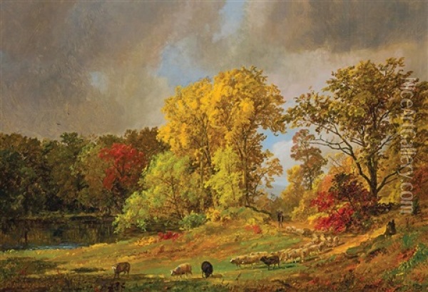 A Shepherd And His Flock Oil Painting - Jasper Francis Cropsey