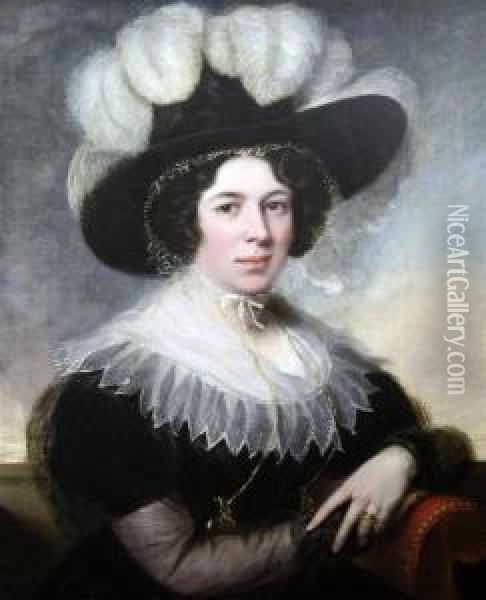 Portrait Of A Lady Wearing A Feathered Hat Oil Painting - George Henry Harlow