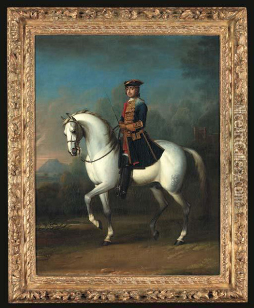 Equestrian Portrait 
Traditionally Identified As Ferdinand Albrecht,later Duke Of Brunswick, 
Full-length, In A Blue Coat, In Alandscape With A Castle Beyond Oil Painting - John Wootton