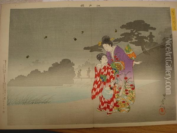 Domestic Scenes Within A Folding Folio Oil Painting - Yoshu Toyoharu Chikanobu /