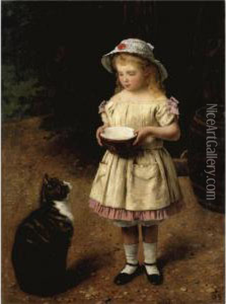 Kind Mit Katze (her Favourite Pet) Oil Painting - Otto Scholderer