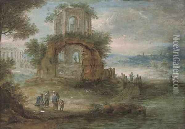 A wooded river landscape with travellers at rest by classical ruins Oil Painting - Pieter Bout