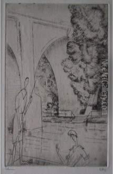 Sous Le Viaduc / Under The Viaduct. 1924 Oil Painting - Jean Emile Laboureur