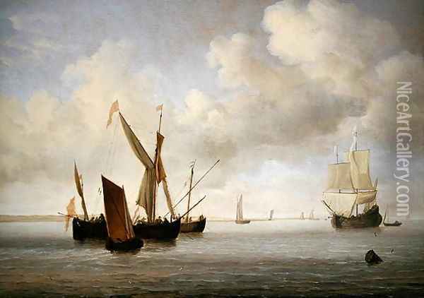 A galjoot and a smalschip at anchor Oil Painting - Willem van de Velde the Younger