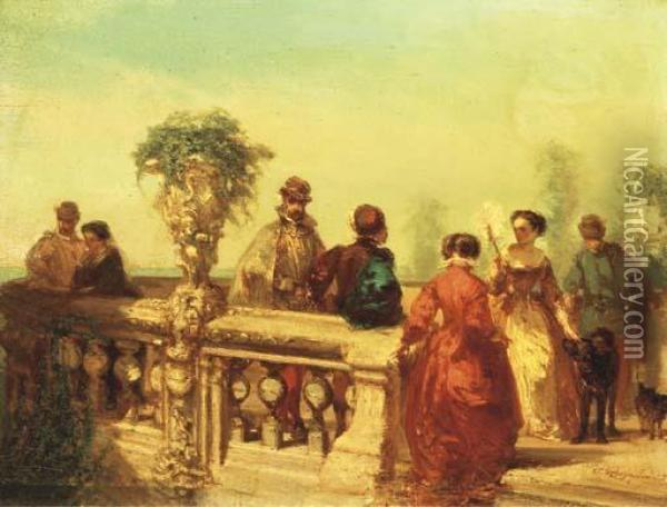 La Terasse: Elegant Company On A Terrace Oil Painting - Charles Rochussen