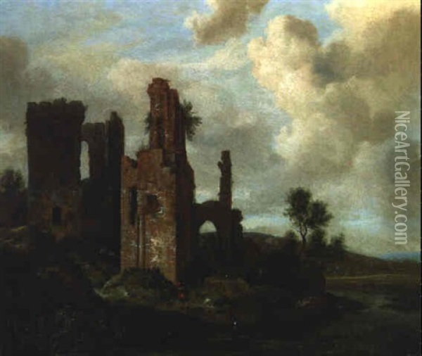 A River Landscape With Travellers By A Ruined Castle Oil Painting - Jacob Van Ruisdael