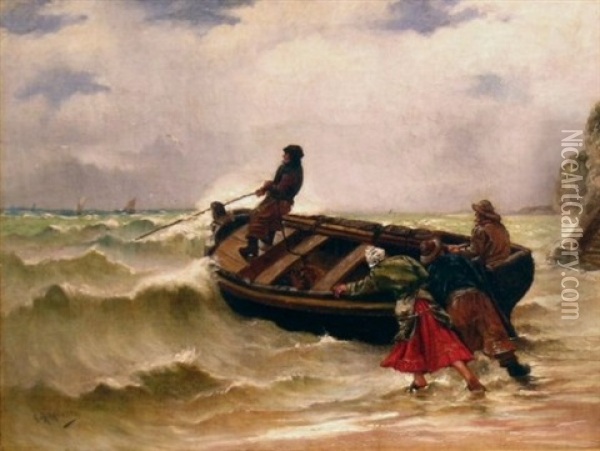 Launching The Boat Oil Painting - Georges Jean Marie Haquette
