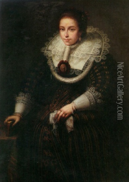 A Portrait Of A Lady Wearing A Fine Lace Collar And Holding A Book (madame Van Tromp?) Oil Painting - Bartholomeus Van Der Helst