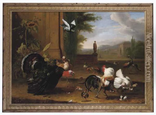 An Italianate Garden Oil Painting - Melchior de Hondecoeter