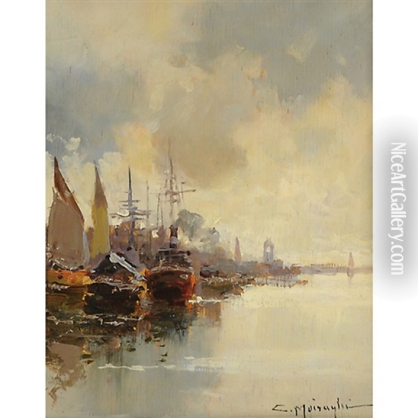 Porto Con Barche Oil Painting - Anacleto Moiraghi