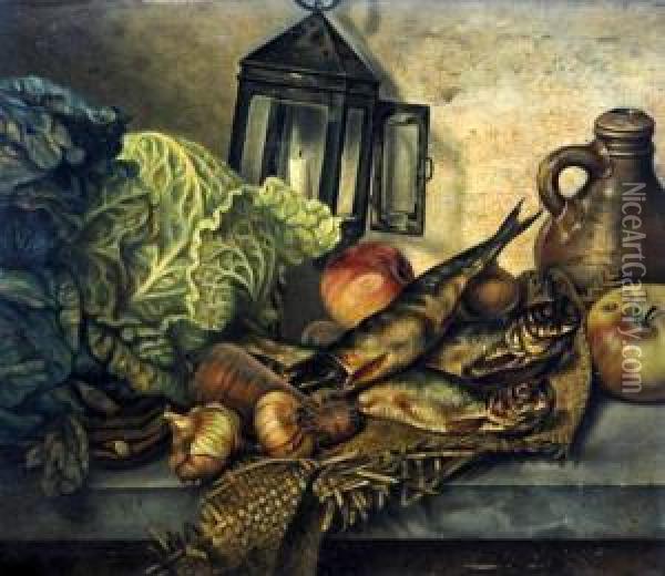 Still Life Of Fish, Vegetables, Jug And Lamp Oil Painting - Hermina Van Der Haas