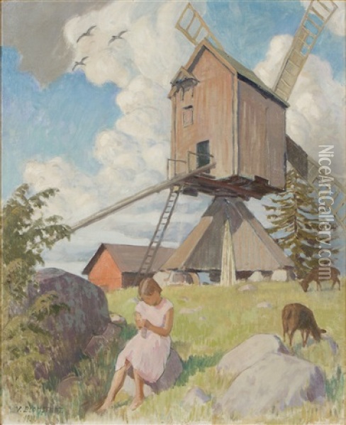 Windmill Oil Painting - Vaeinoe Alfred Blomstedt