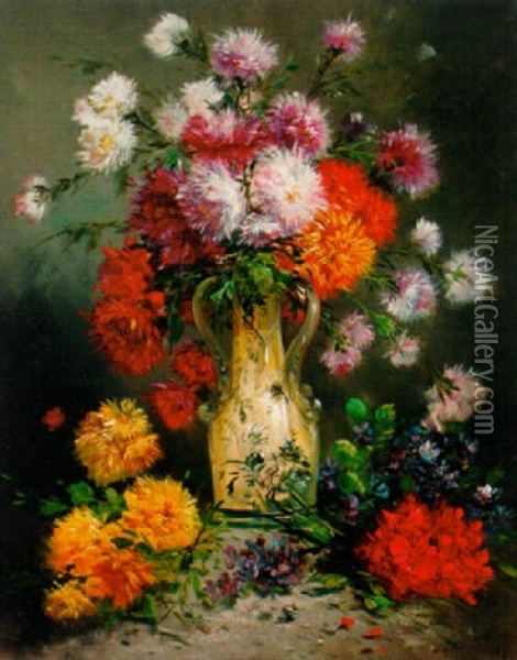 Summer Flowers In A Tall Vase Oil Painting - Henry Schouten