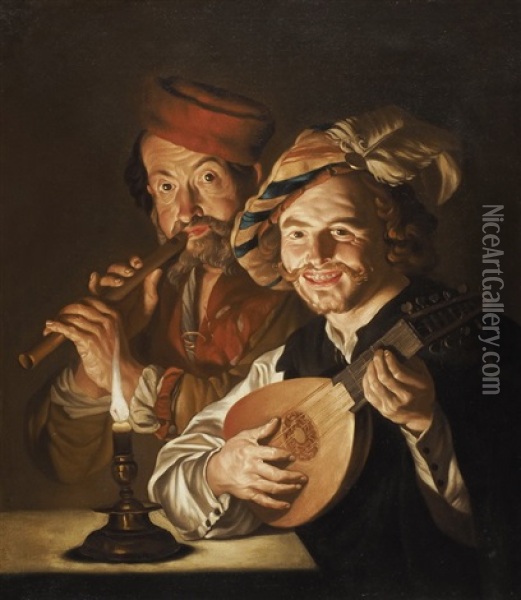 Musikanten Bei Kerzenlicht Oil Painting - Matthias Stom