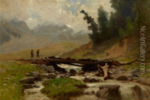 Un Pont A Arolla, Valais Oil Painting - Gustave Castan