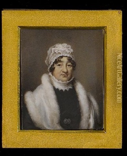 A Lady, Wearing Black Dress With Jewelled Belt Buckle, White Fur Shawl And Lace Cap Oil Painting - John Wright
