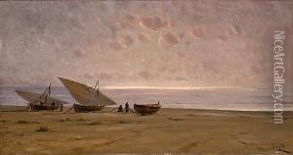 Barcas En La Playa Oil Painting - Modesto Urgell y Inglada