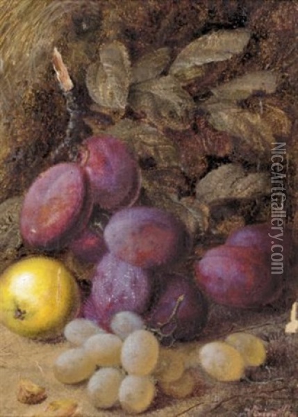 Still Life With Plums And Grapes (+ Still Life With Primulas; Pair) Oil Painting - Vincent Clare
