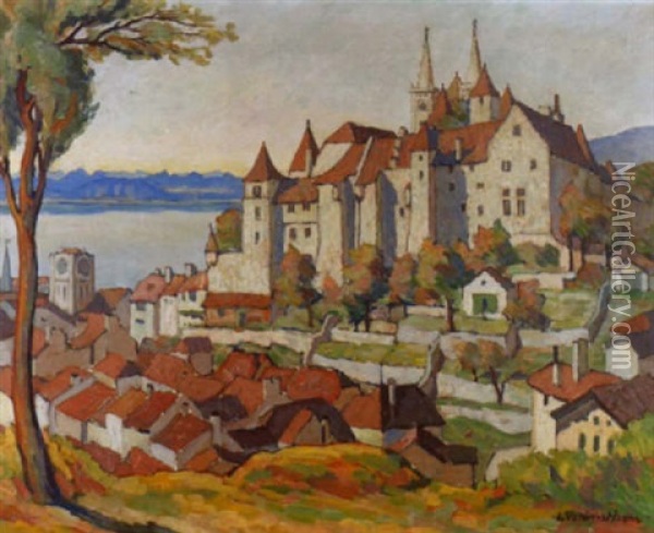 Schloss Und Kathedrale Von Neuchatel Im Sonnenschein Oil Painting - Louis Joseph Vonlanthen