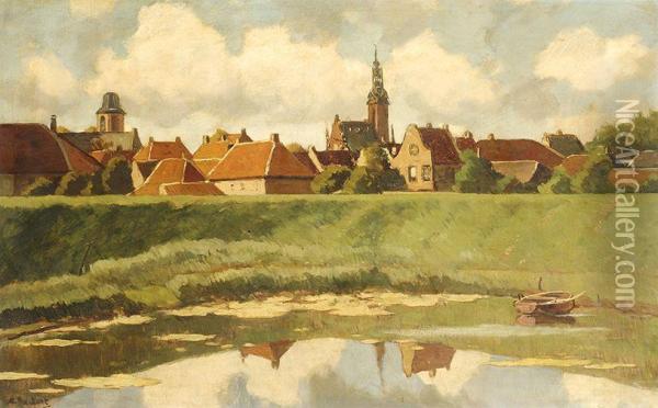 Village Behind A Dyke Oil Painting - Nicolaas Bastert