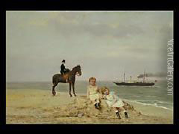 Reiterin Am Strand Vor Dampfer Oil Painting - Georges Croegaert